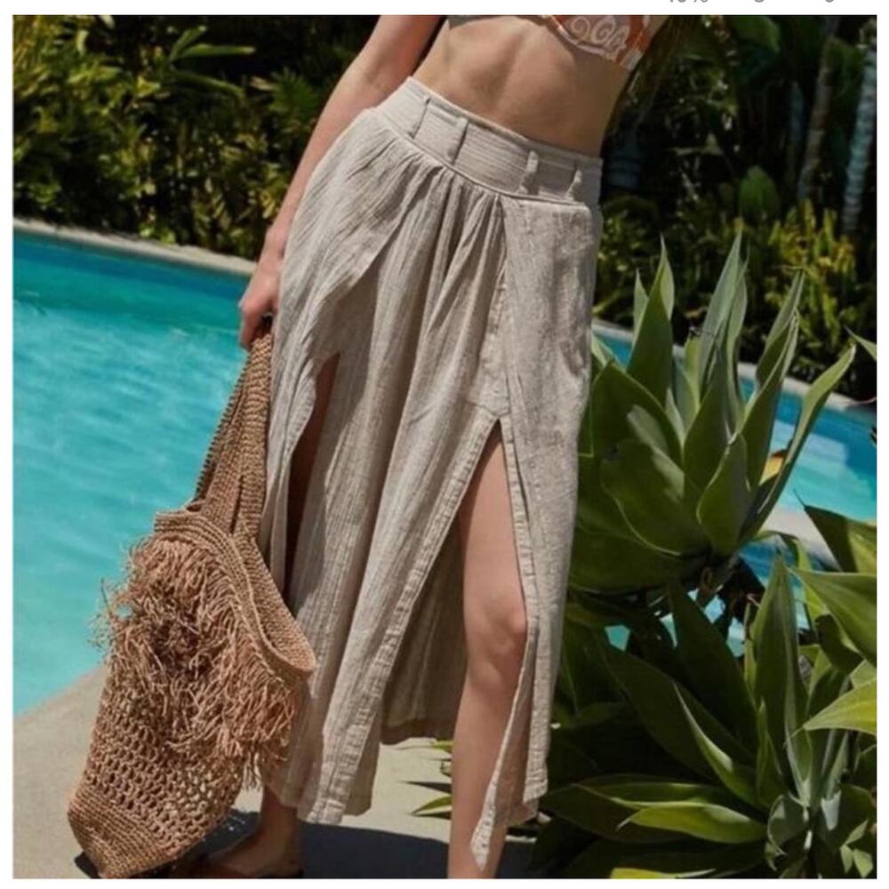 FREE PEOPLE Lunar Cove Wide Leg Pants SZ Small Sand Combo/Tan NWOT Cotton Strip